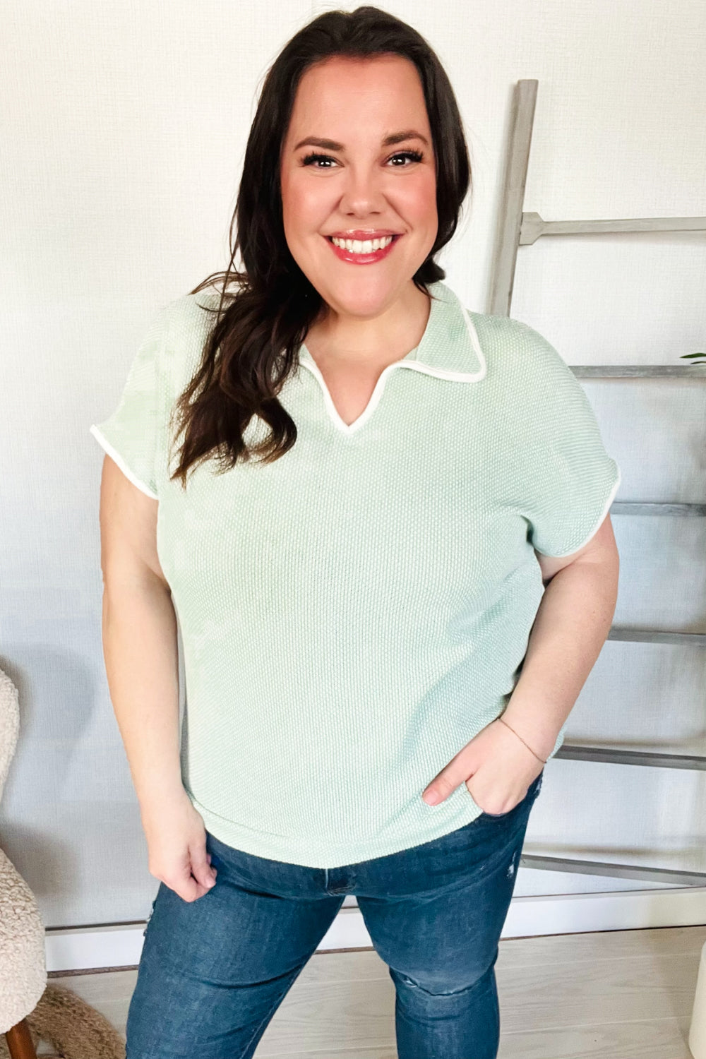 Weekend Ready Sage Collar Notch Neck Waffle Knit Tops | Nikki &amp; Co. Boutique