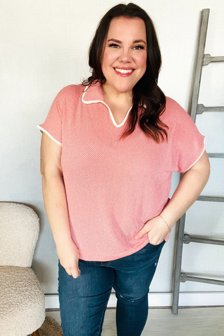 Weekend Ready Coral Collar Notch Neck Waffle Knit Tops - Nikki &amp; Co. Boutique