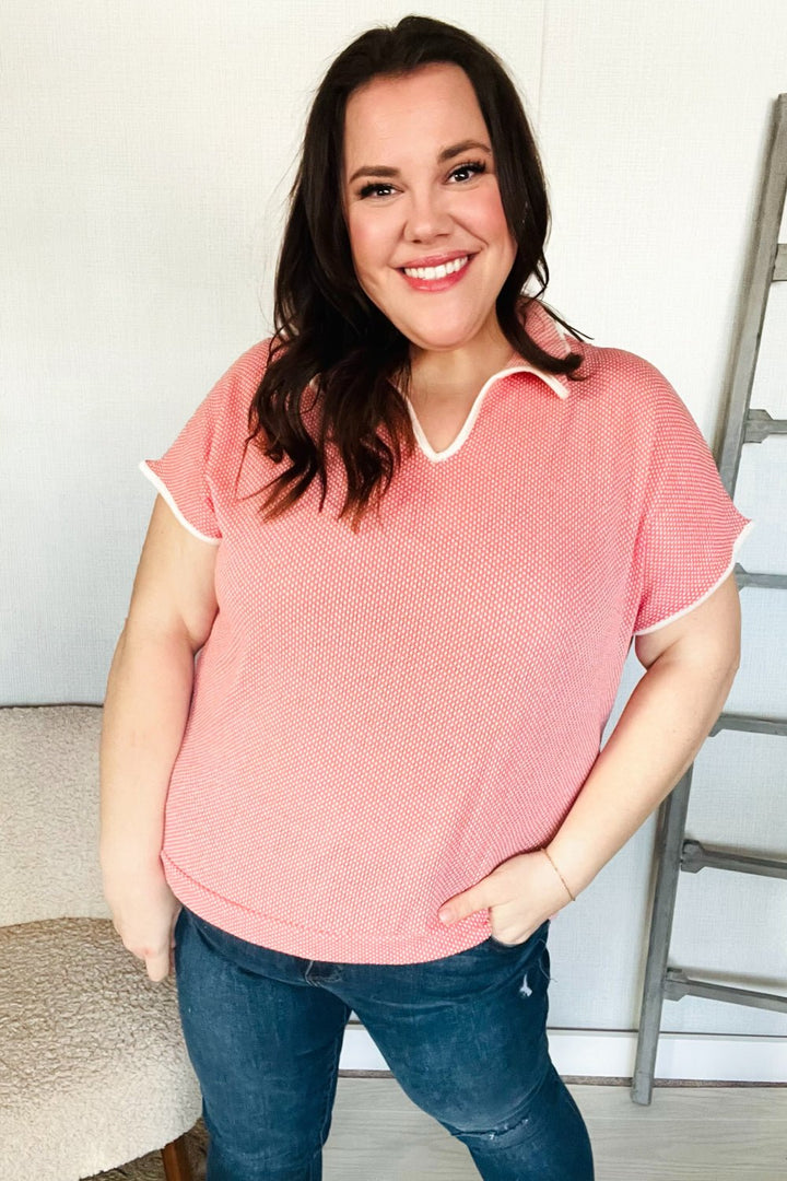 Weekend Ready Coral Collar Notch Neck Waffle Knit Tops - Nikki &amp; Co. Boutique