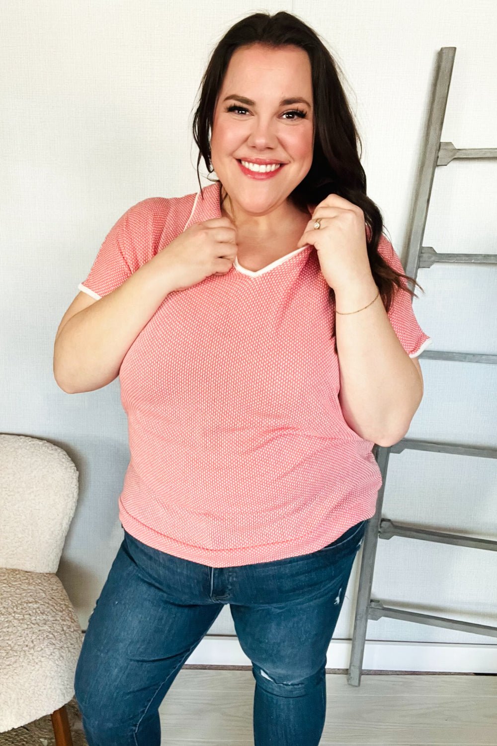Weekend Ready Coral Collar Notch Neck Waffle Knit Tops - Nikki &amp; Co. Boutique