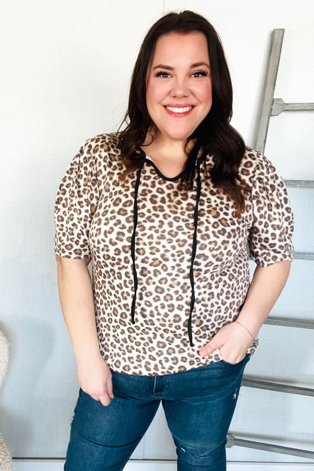 Everyday Animal Print Collar Notch Front Tie Knit Tops - Nikki &amp; Co. Boutique