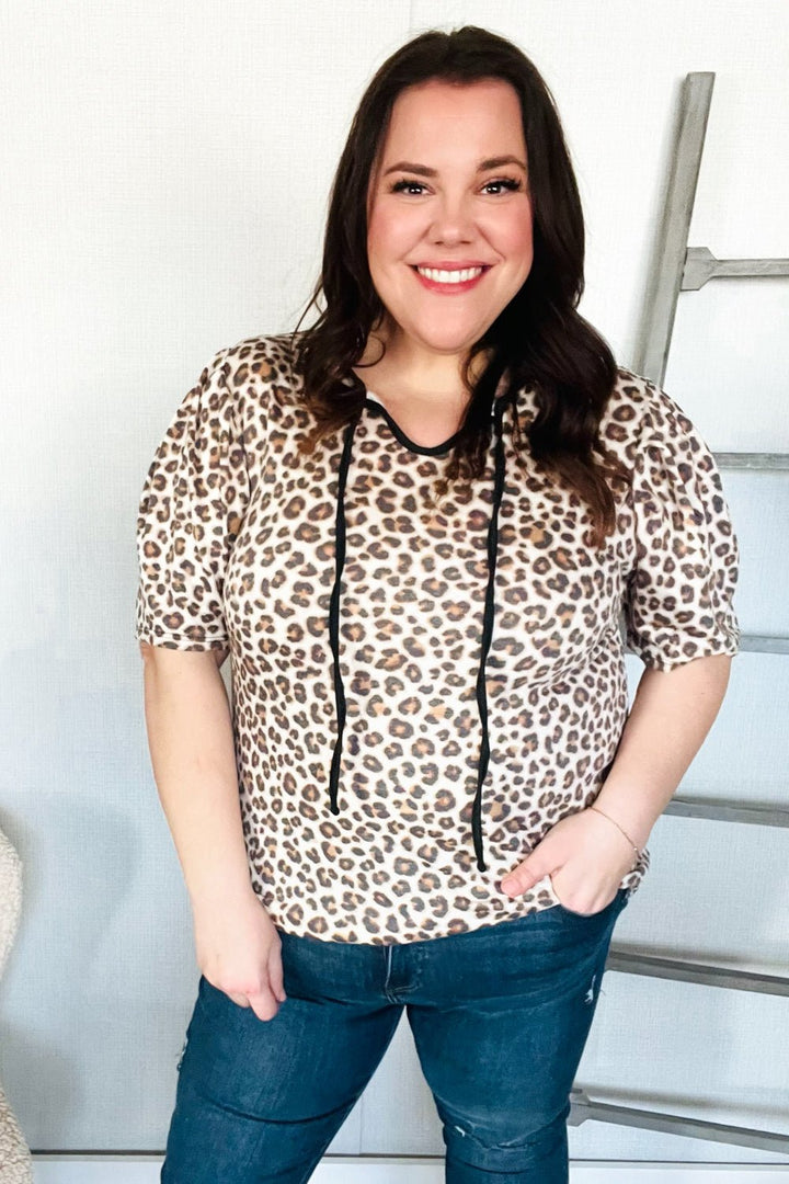 Everyday Animal Print Collar Notch Front Tie Knit Tops - Nikki &amp; Co. Boutique