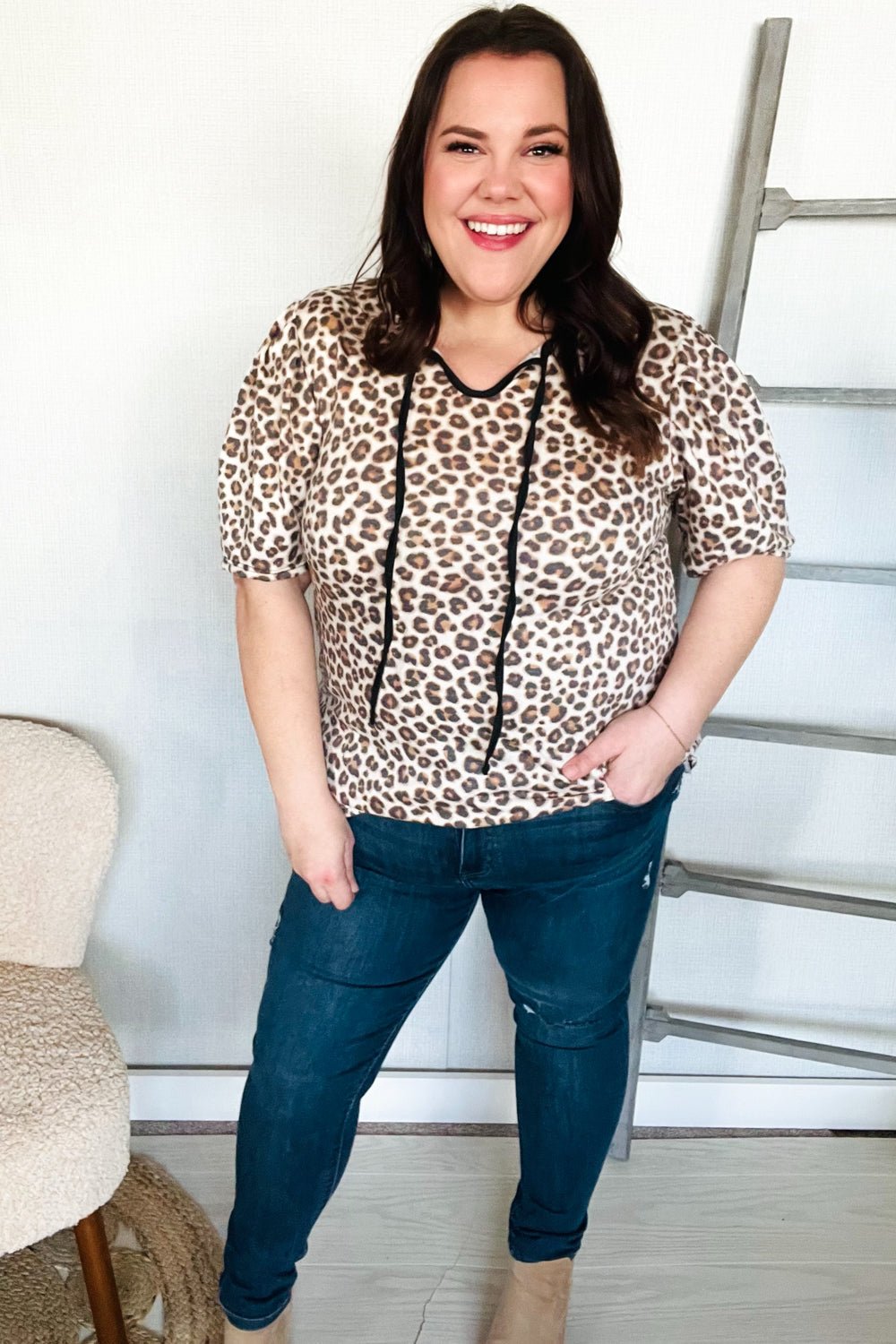 Everyday Animal Print Collar Notch Front Tie Knit Tops - Nikki &amp; Co. Boutique