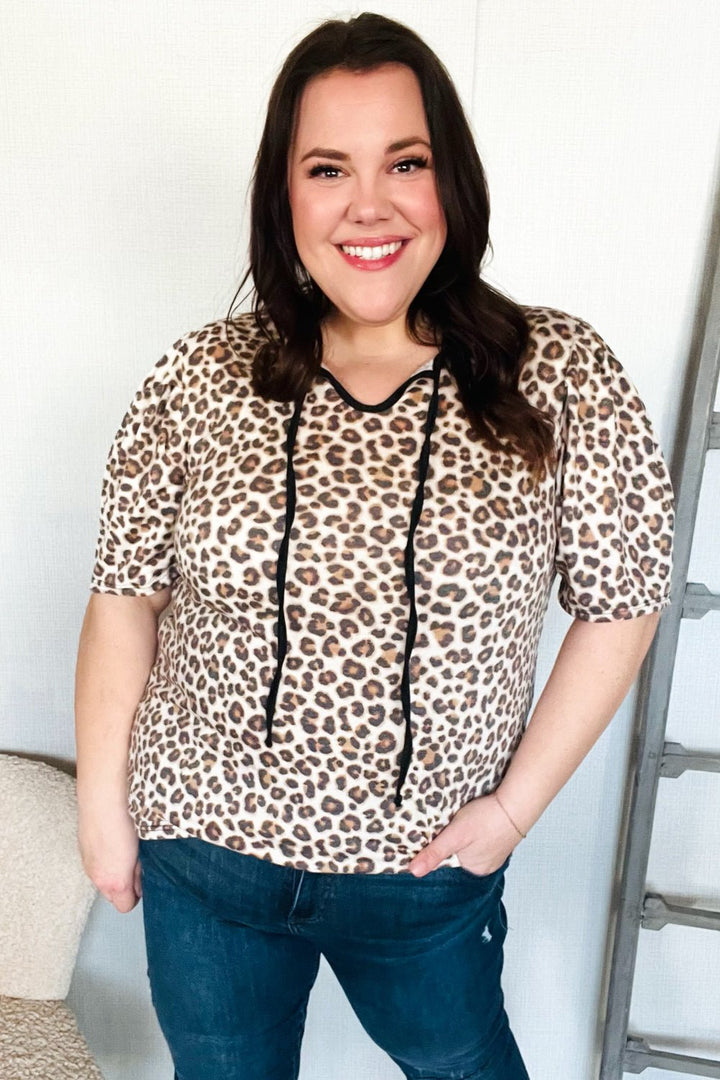 Everyday Animal Print Collar Notch Front Tie Knit Tops - Nikki &amp; Co. Boutique