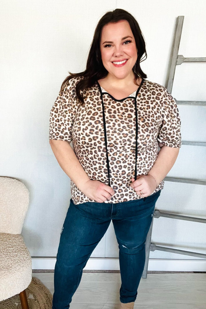 Everyday Animal Print Collar Notch Front Tie Knit Tops - Nikki &amp; Co. Boutique