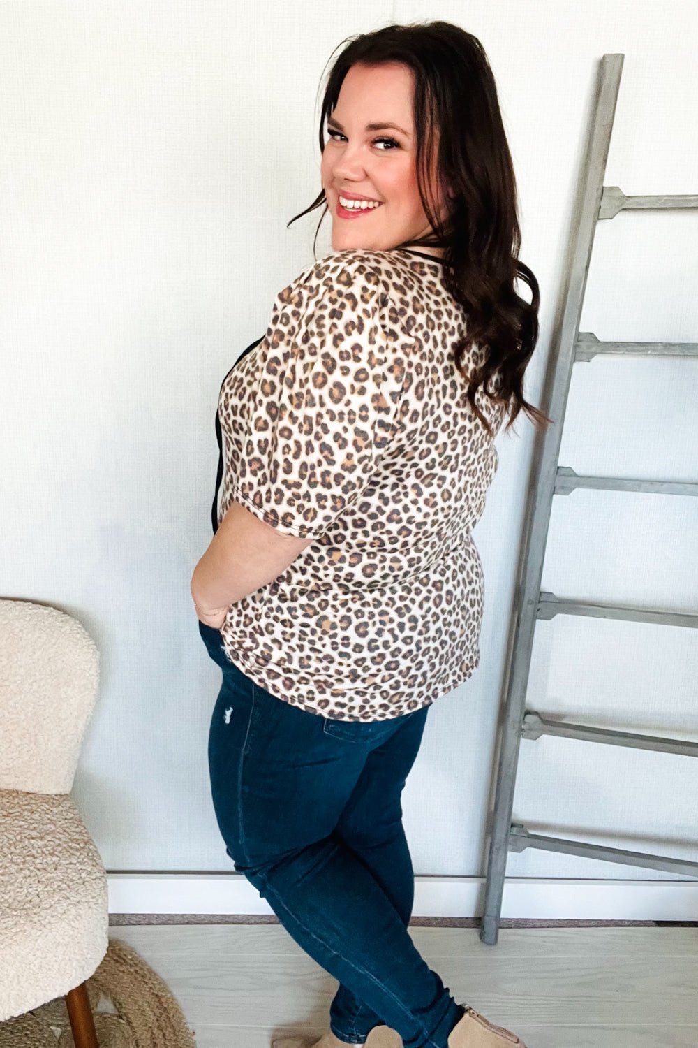Everyday Animal Print Collar Notch Front Tie Knit Tops - Nikki &amp; Co. Boutique