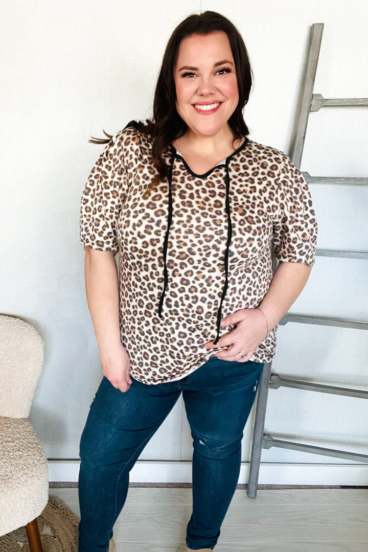 Everyday Animal Print Collar Notch Front Tie Knit Tops - Nikki &amp; Co. Boutique