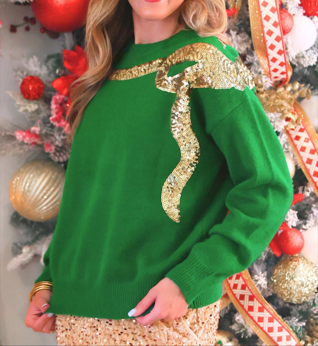 Sequin Bow Knit Sweater - Green/Gold (Pre-order) - Nikki &amp; Co. Boutique