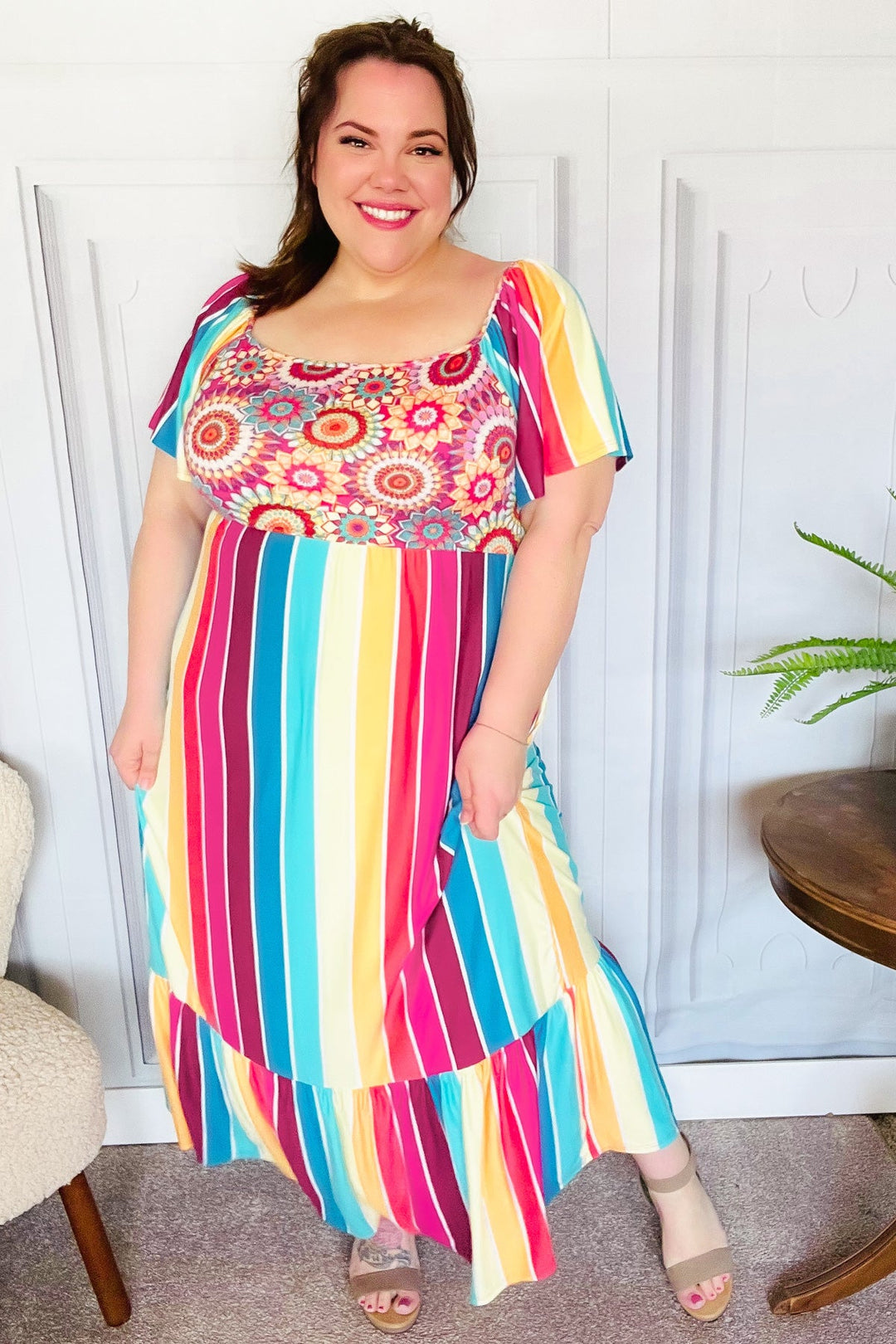 Feeling Bold Fuchsia &amp; Teal Striped Medallion Crochet Print Dress | Nikki &amp; Co. Boutique