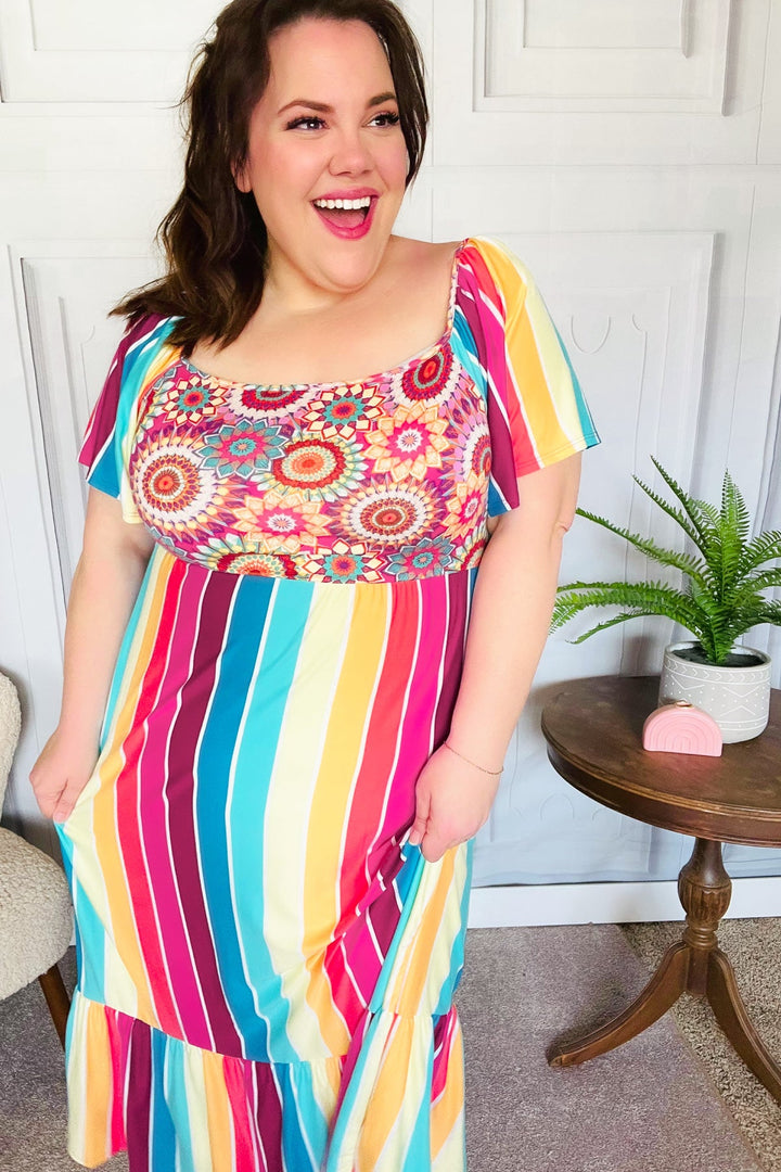 Feeling Bold Fuchsia &amp; Teal Striped Medallion Crochet Print Dress | Nikki &amp; Co. Boutique
