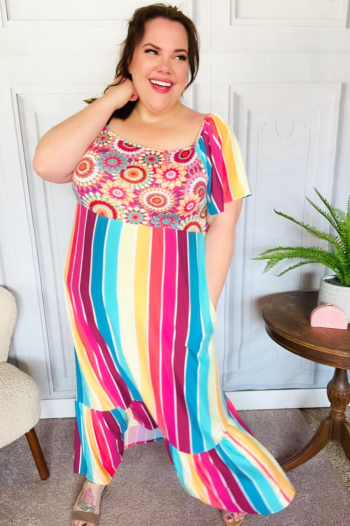 Feeling Bold Fuchsia &amp; Teal Striped Medallion Crochet Print Dress | Nikki &amp; Co. Boutique