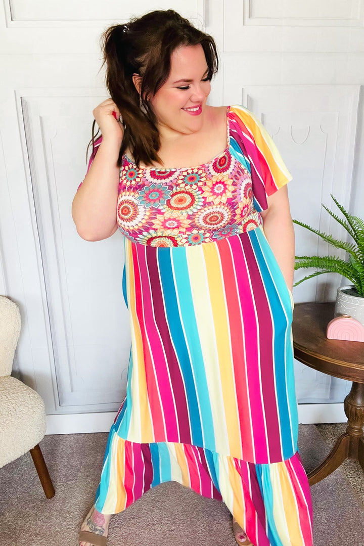 Feeling Bold Fuchsia &amp; Teal Striped Medallion Crochet Print Dress | Nikki &amp; Co. Boutique