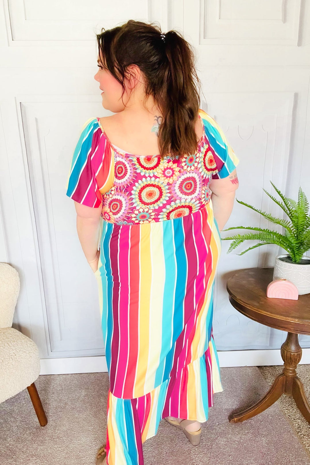 Feeling Bold Fuchsia &amp; Teal Striped Medallion Crochet Print Dress | Nikki &amp; Co. Boutique