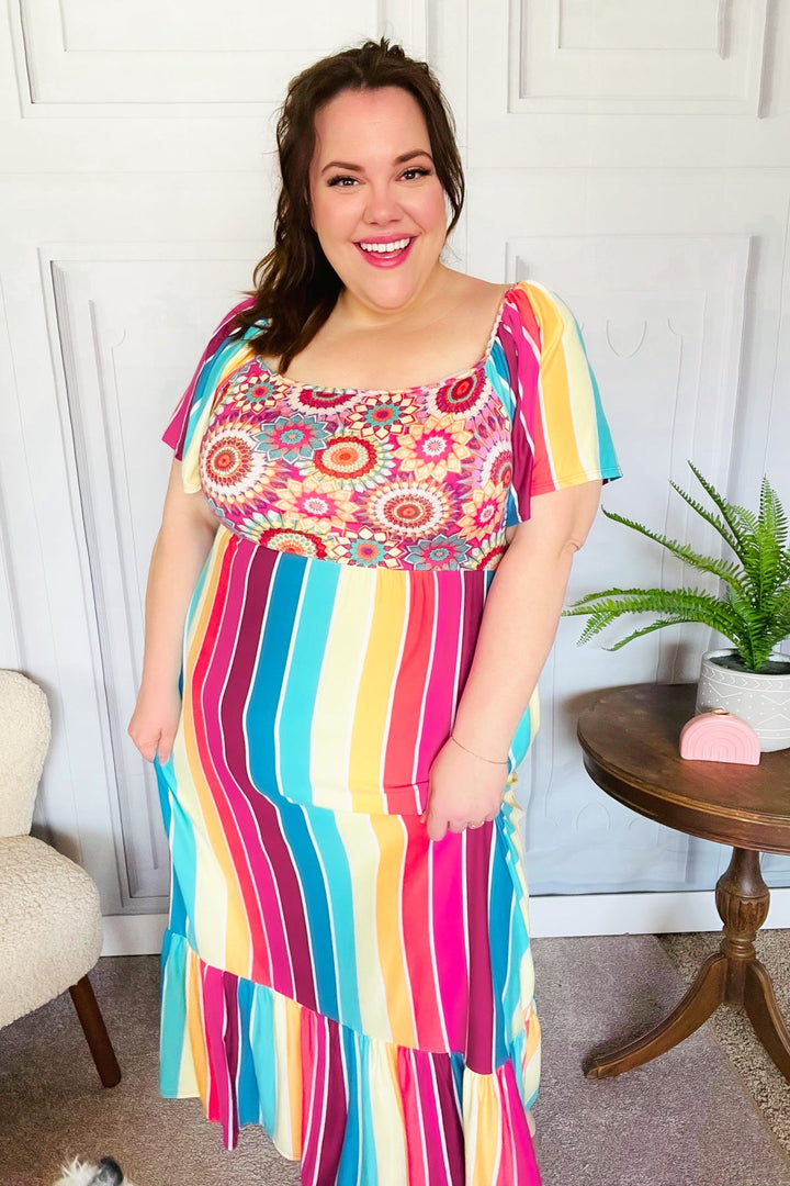 Feeling Bold Fuchsia &amp; Teal Striped Medallion Crochet Print Dress | Nikki &amp; Co. Boutique