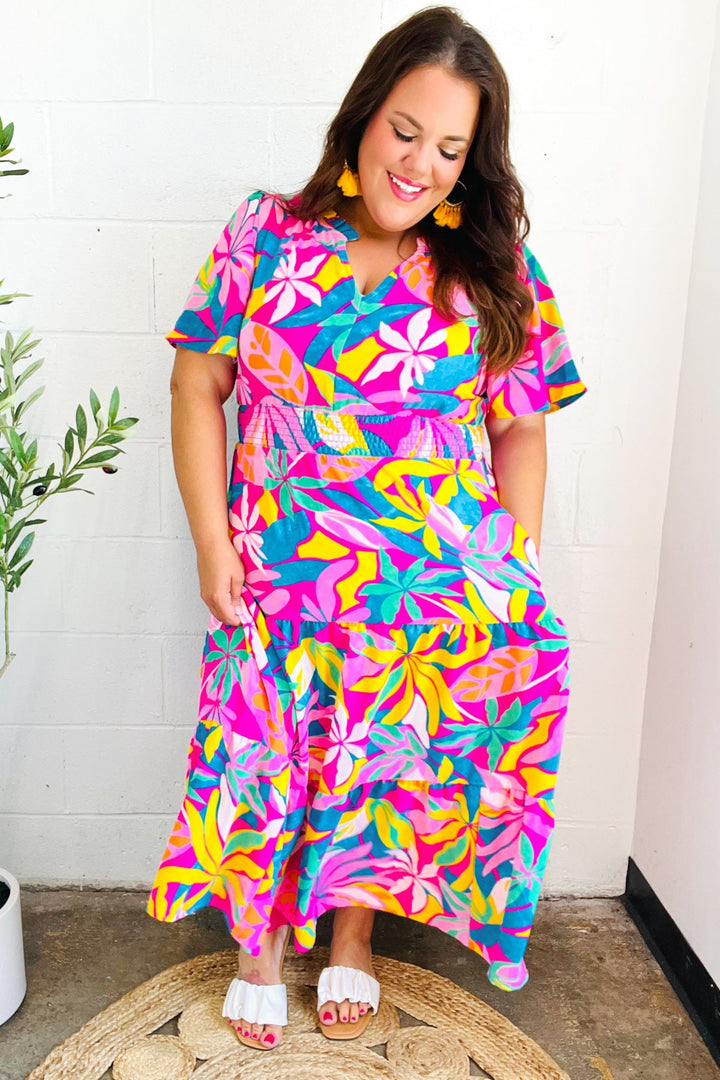 Tropical Trance Fuchsia Floral Smocked Waist Maxi Dress | Nikki &amp; Co. Boutique