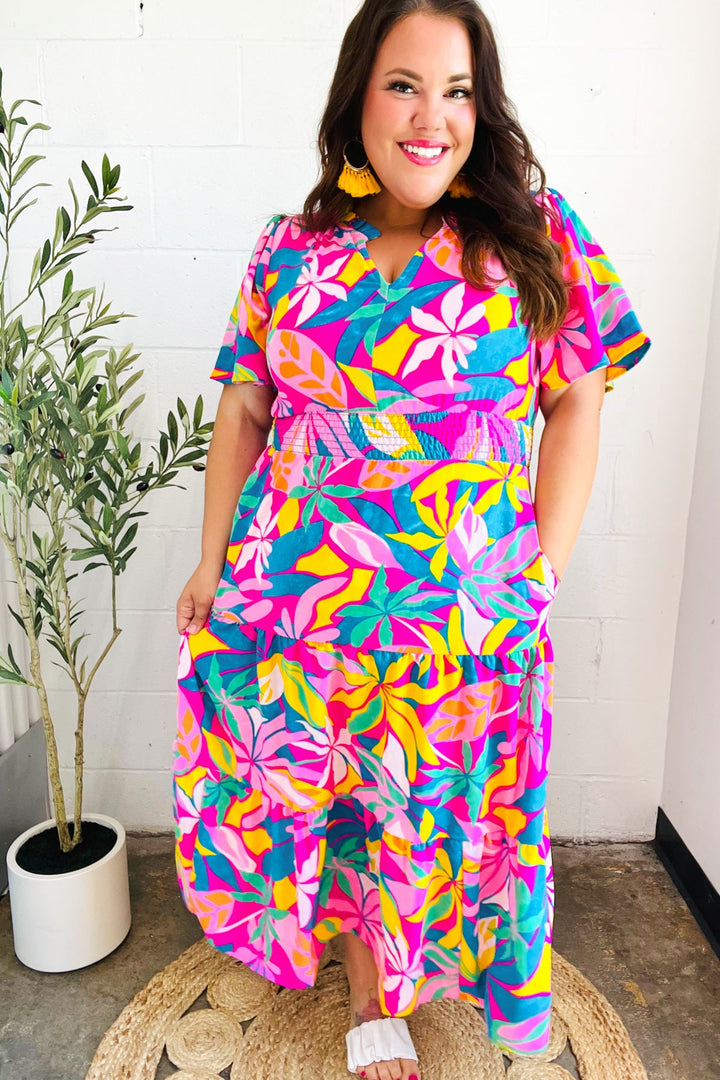 Tropical Trance Fuchsia Floral Smocked Waist Maxi Dress | Nikki &amp; Co. Boutique