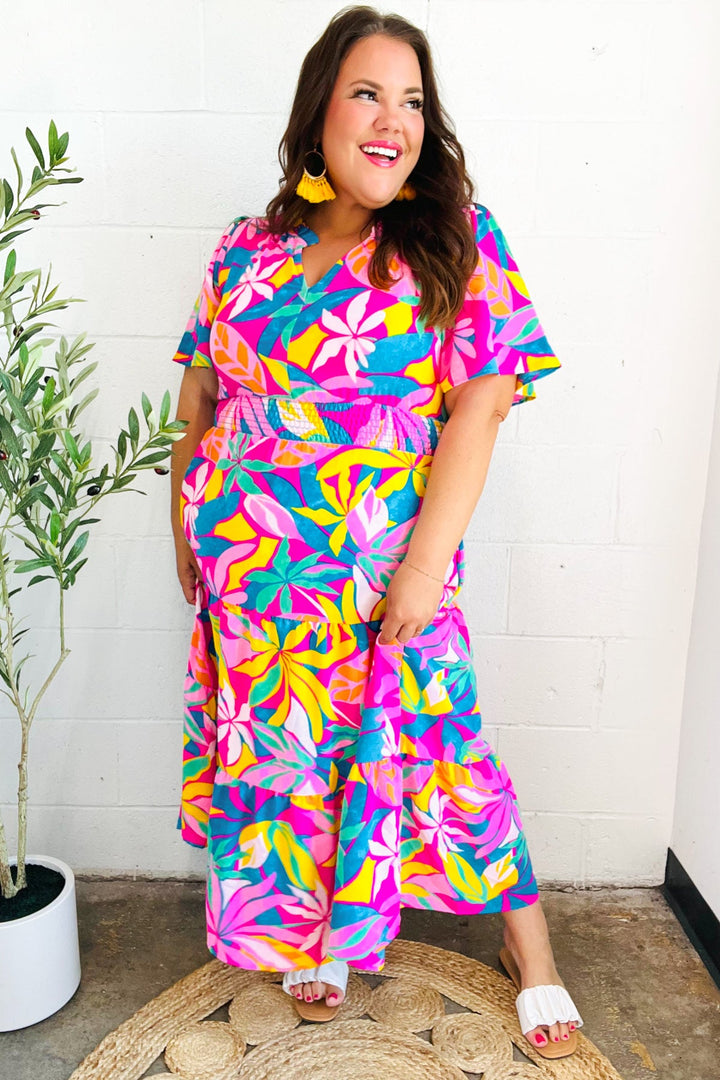 Tropical Trance Fuchsia Floral Smocked Waist Maxi Dress | Nikki &amp; Co. Boutique