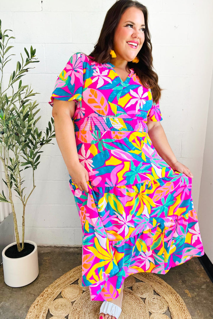 Tropical Trance Fuchsia Floral Smocked Waist Maxi Dress | Nikki &amp; Co. Boutique