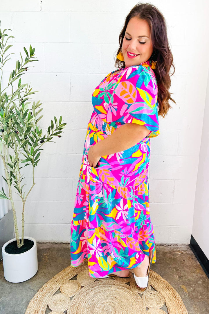 Tropical Trance Fuchsia Floral Smocked Waist Maxi Dress | Nikki &amp; Co. Boutique