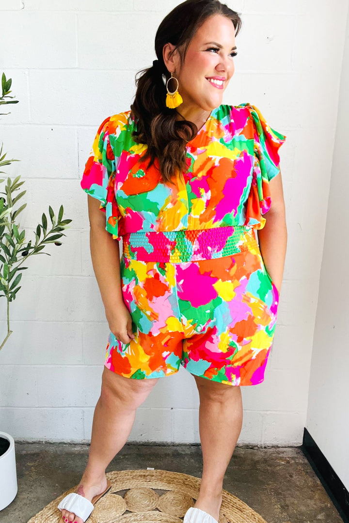 Under The Sun Abstract Floral Smocked Waist V Neck Flutter Sleeve Romper | Nikki &amp; Co. Boutique