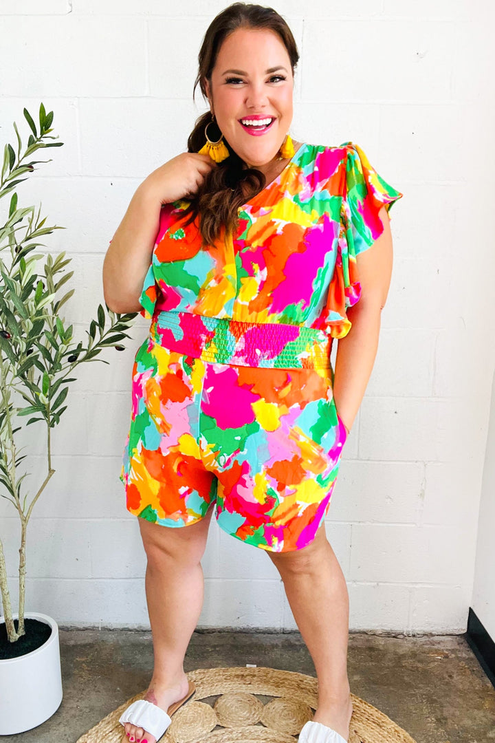 Under The Sun Abstract Floral Smocked Waist V Neck Flutter Sleeve Romper | Nikki &amp; Co. Boutique