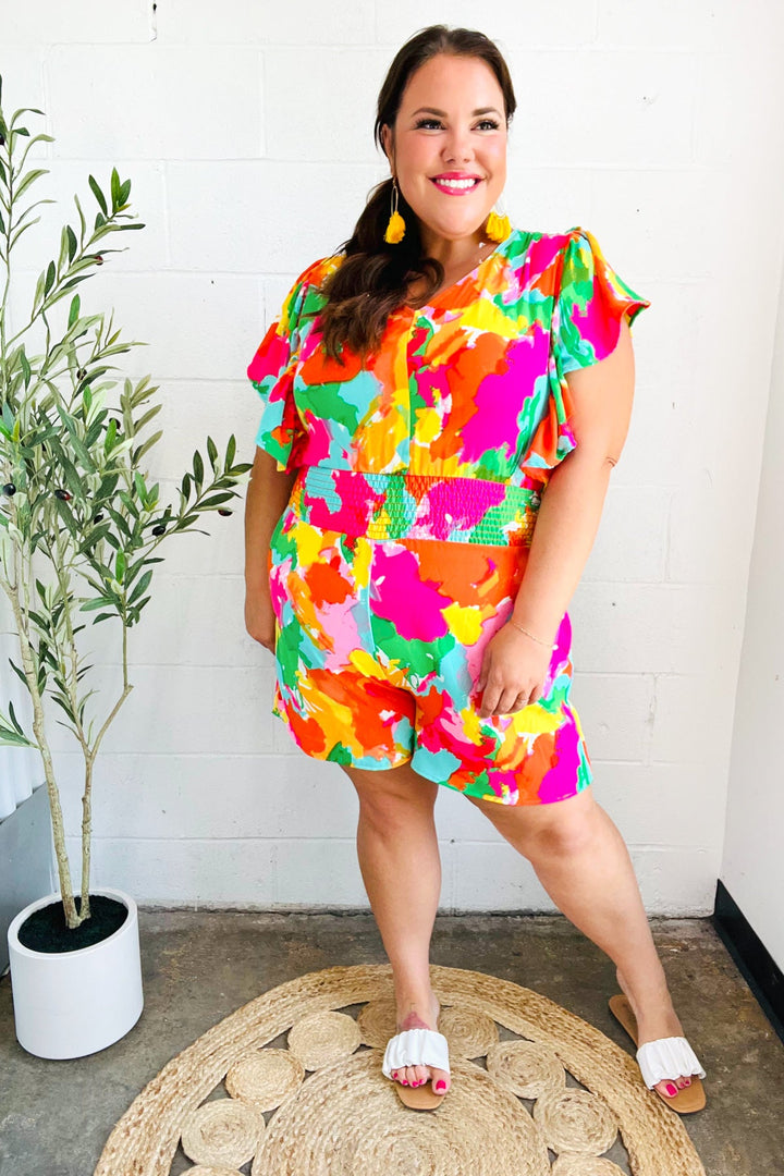 Under The Sun Abstract Floral Smocked Waist V Neck Flutter Sleeve Romper | Nikki &amp; Co. Boutique