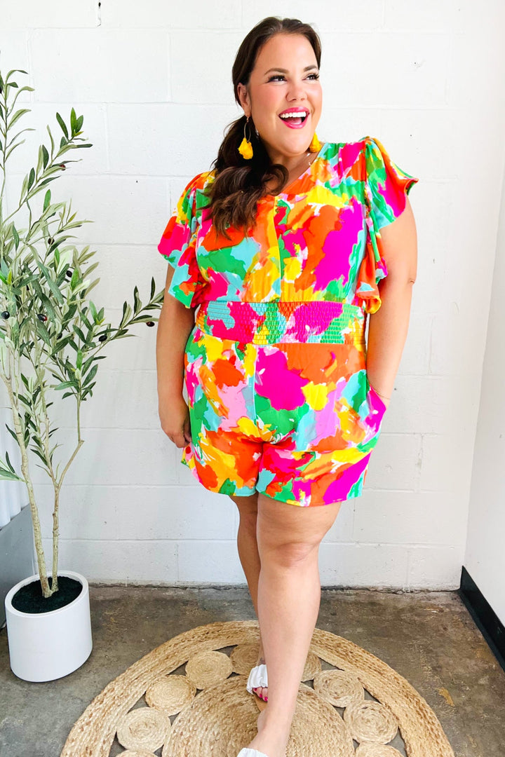 Under The Sun Abstract Floral Smocked Waist V Neck Flutter Sleeve Romper | Nikki &amp; Co. Boutique