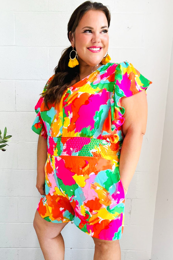 Under The Sun Abstract Floral Smocked Waist V Neck Flutter Sleeve Romper | Nikki &amp; Co. Boutique