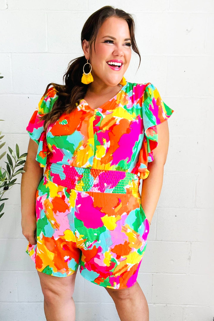 Under The Sun Abstract Floral Smocked Waist V Neck Flutter Sleeve Romper | Nikki &amp; Co. Boutique