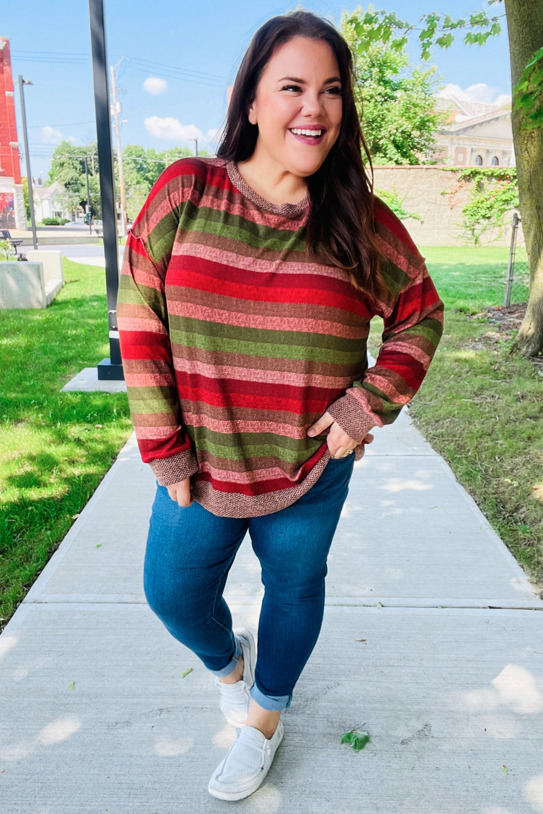 Perfectly You Olive &amp; Mauve Stripe Two-Tone Banded Sweater Top | Nikki &amp; Co. Boutique