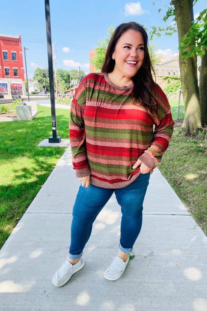 Perfectly You Olive &amp; Mauve Stripe Two-Tone Banded Sweater Top | Nikki &amp; Co. Boutique