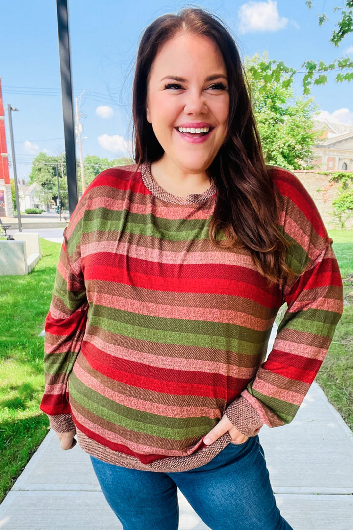 Perfectly You Olive &amp; Mauve Stripe Two-Tone Banded Sweater Top | Nikki &amp; Co. Boutique