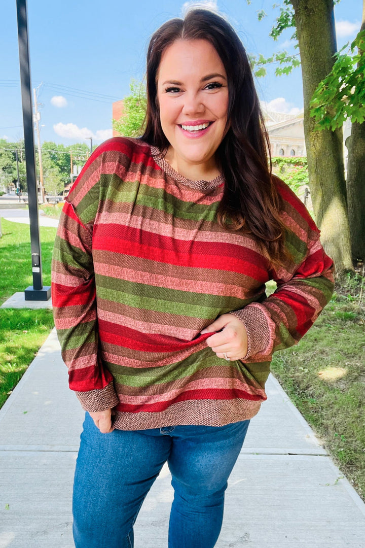 Perfectly You Olive &amp; Mauve Stripe Two-Tone Banded Sweater Top | Nikki &amp; Co. Boutique