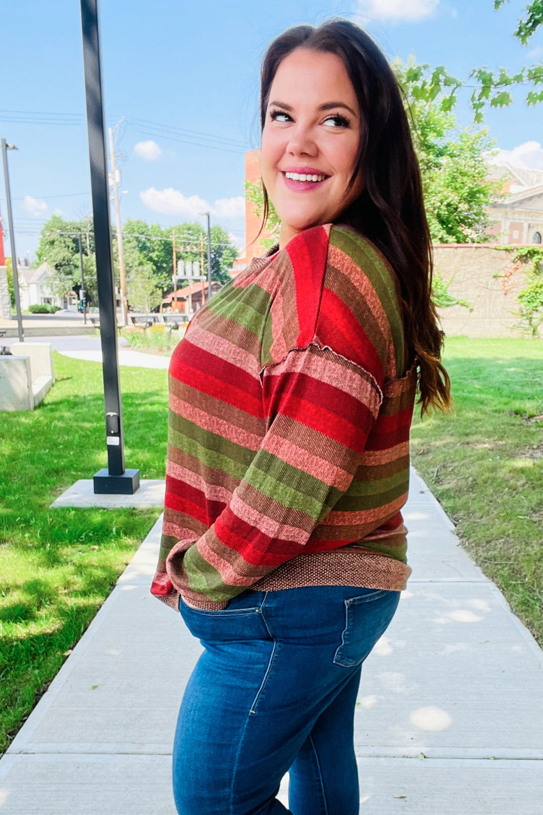 Perfectly You Olive &amp; Mauve Stripe Two-Tone Banded Sweater Top | Nikki &amp; Co. Boutique