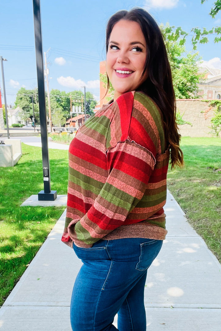Perfectly You Olive &amp; Mauve Stripe Two-Tone Banded Sweater Top | Nikki &amp; Co. Boutique