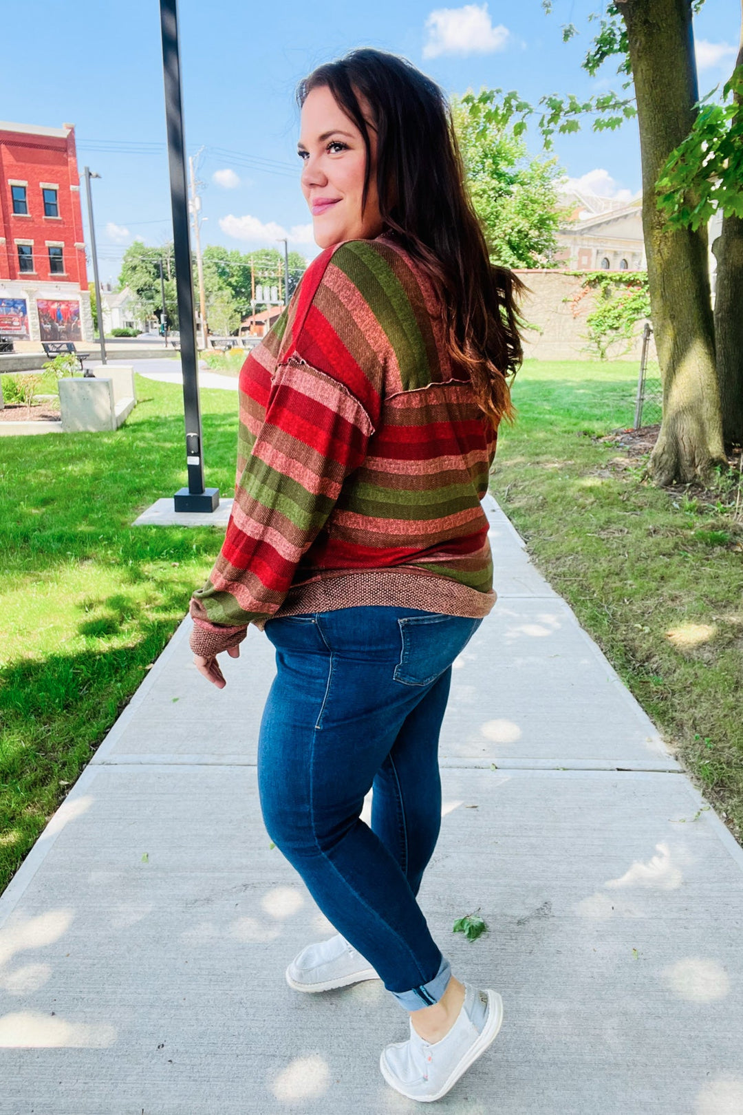 Perfectly You Olive &amp; Mauve Stripe Two-Tone Banded Sweater Top | Nikki &amp; Co. Boutique