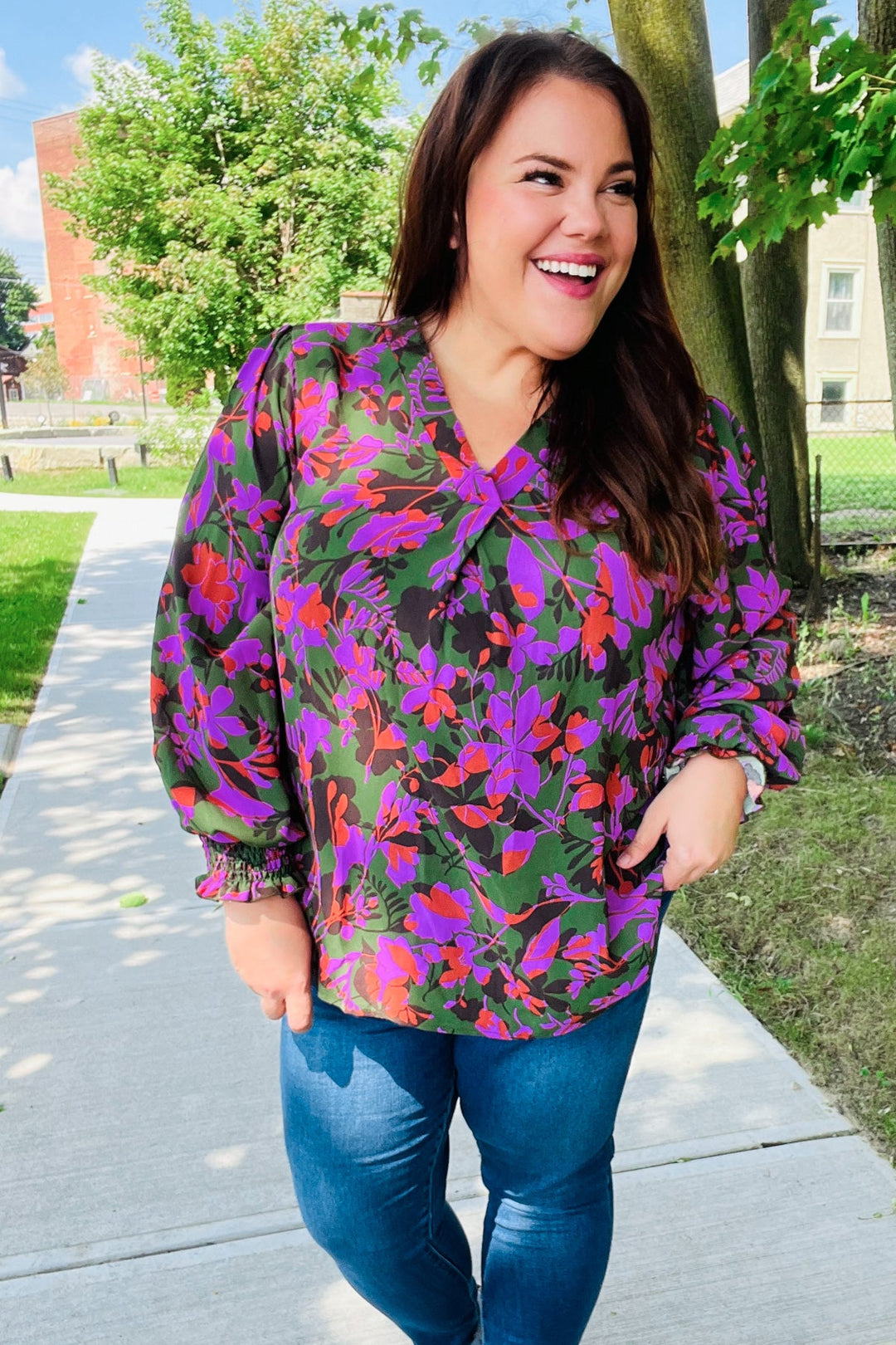Eyes On You Forest Green Floral Smocked Bubble Sleeve V Neck Tops | Nikki &amp; Co. Boutique