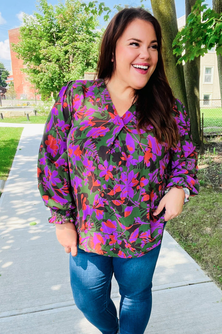 Eyes On You Forest Green Floral Smocked Bubble Sleeve V Neck Tops | Nikki &amp; Co. Boutique