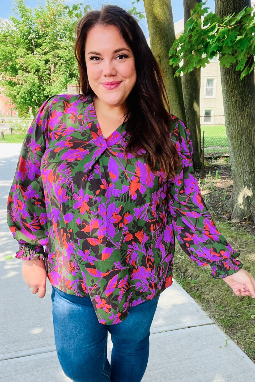 Eyes On You Forest Green Floral Smocked Bubble Sleeve V Neck Tops | Nikki & Co. Boutique