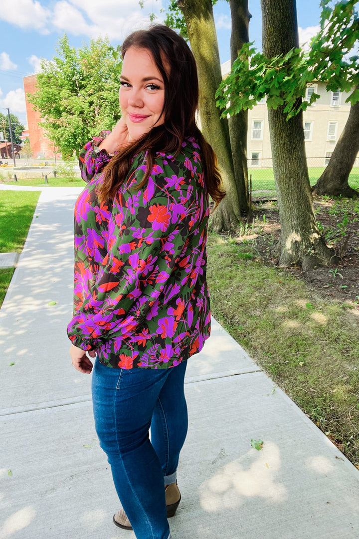 Eyes On You Forest Green Floral Smocked Bubble Sleeve V Neck Tops | Nikki &amp; Co. Boutique