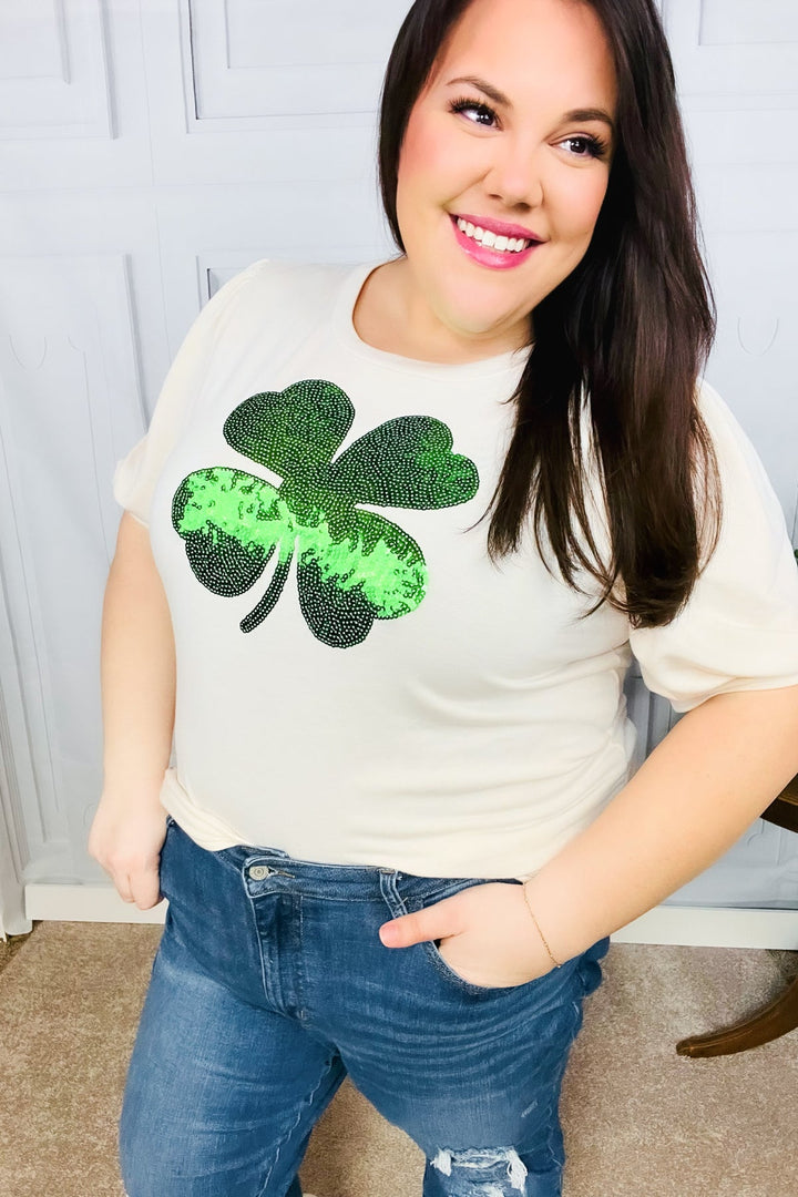 Saint Patty Sequin Clover French Terry Puff Sleeve Top | Nikki &amp; Co. Boutique