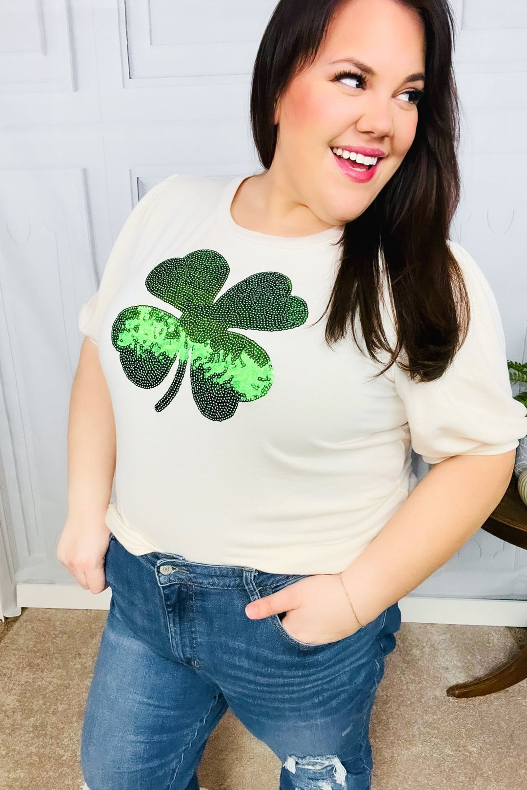 Saint Patty Sequin Clover French Terry Puff Sleeve Top | Nikki &amp; Co. Boutique