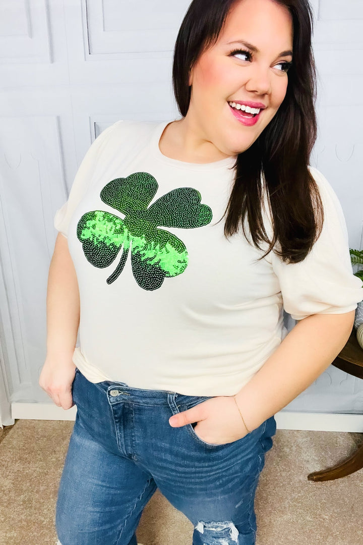 Saint Patty Sequin Clover French Terry Puff Sleeve Top | Nikki &amp; Co. Boutique