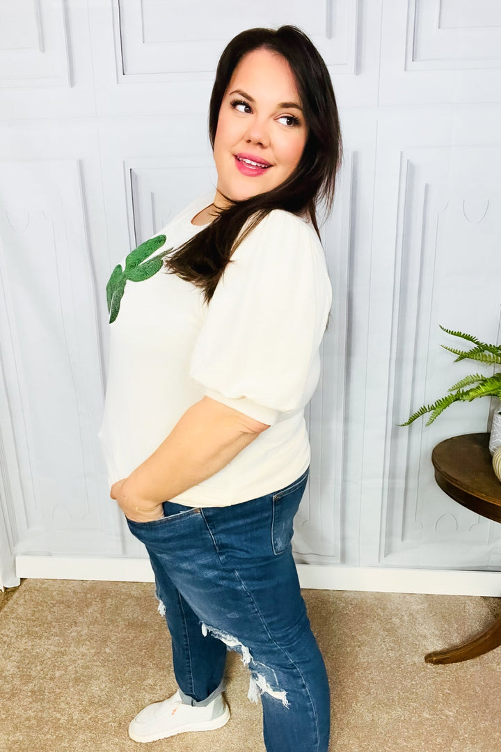 Saint Patty Sequin Clover French Terry Puff Sleeve Top | Nikki &amp; Co. Boutique