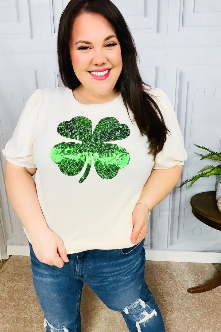 Saint Patty Sequin Clover French Terry Puff Sleeve Top | Nikki &amp; Co. Boutique