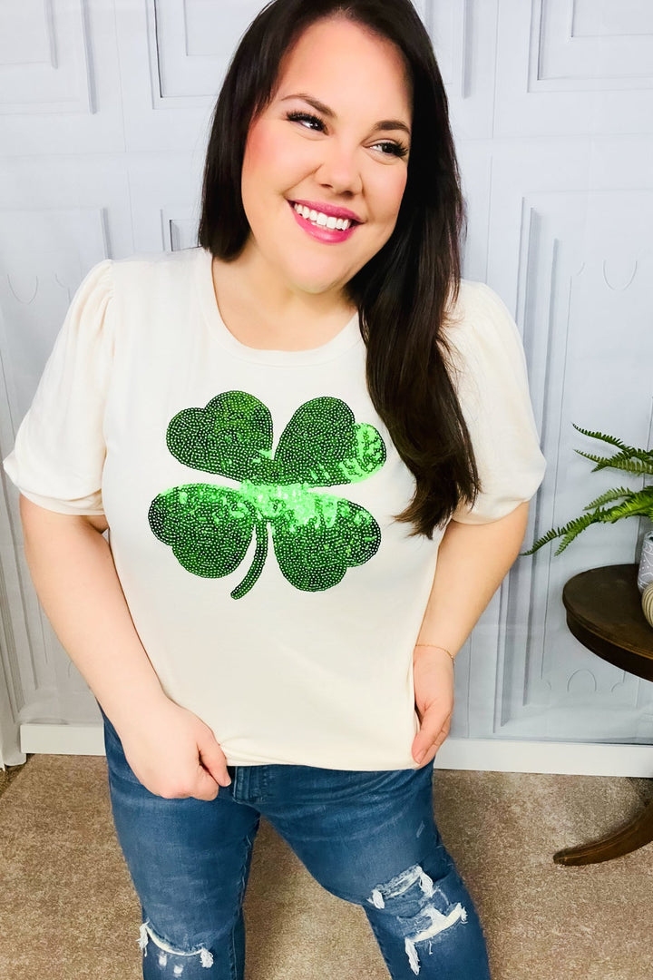 Saint Patty Sequin Clover French Terry Puff Sleeve Top | Nikki &amp; Co. Boutique