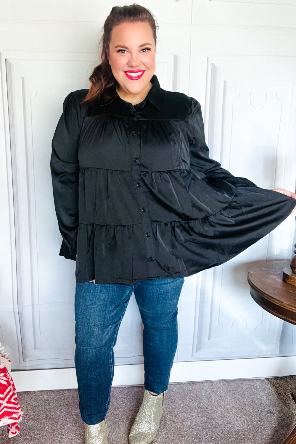 Perfectly You Black Button Down Tiered Babydoll Satin Tops | Nikki & Co. Boutique