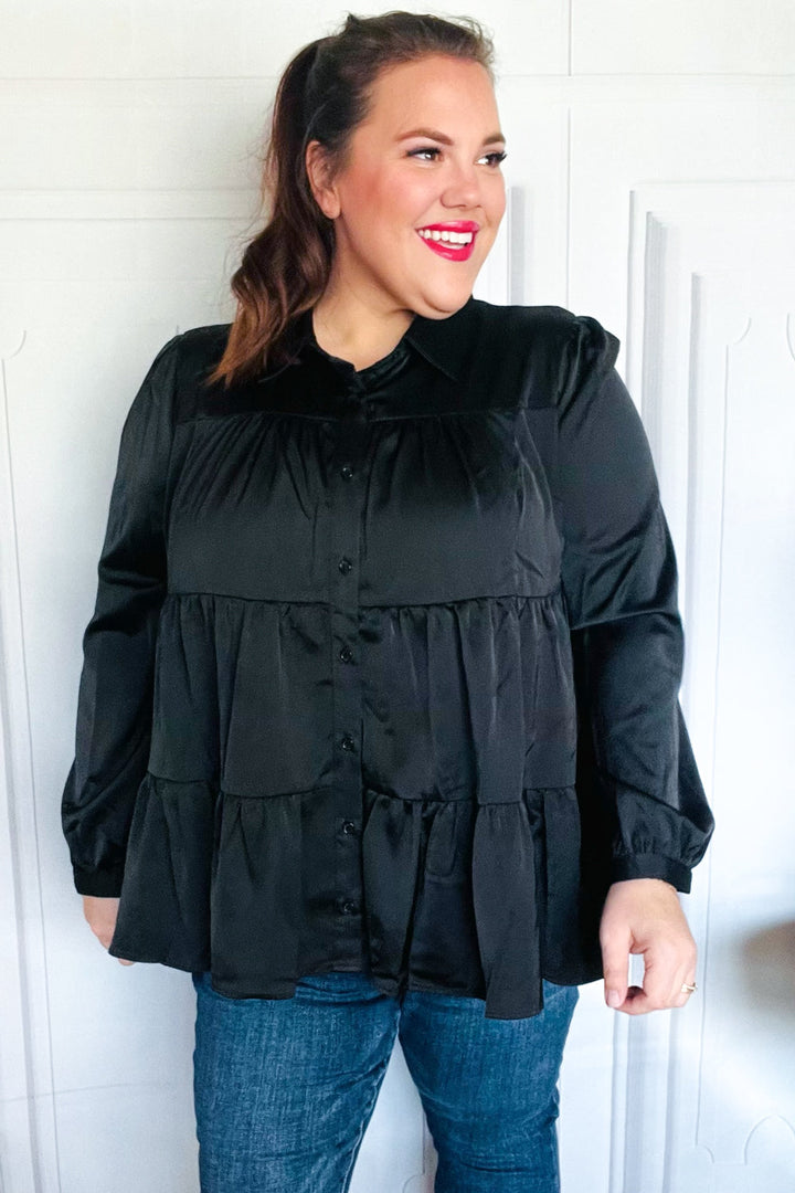 Perfectly You Black Button Down Tiered Babydoll Satin Tops | Nikki &amp; Co. Boutique