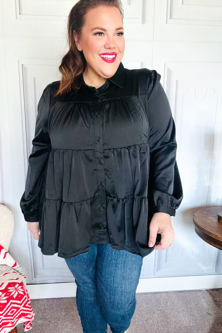 Perfectly You Black Button Down Tiered Babydoll Satin Tops | Nikki &amp; Co. Boutique