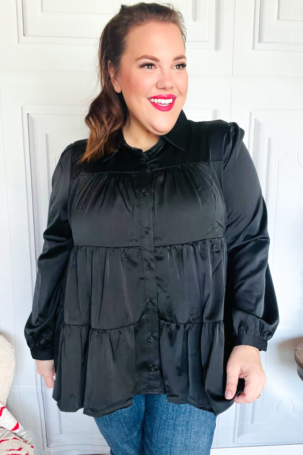 Perfectly You Black Button Down Tiered Babydoll Satin Tops | Nikki &amp; Co. Boutique